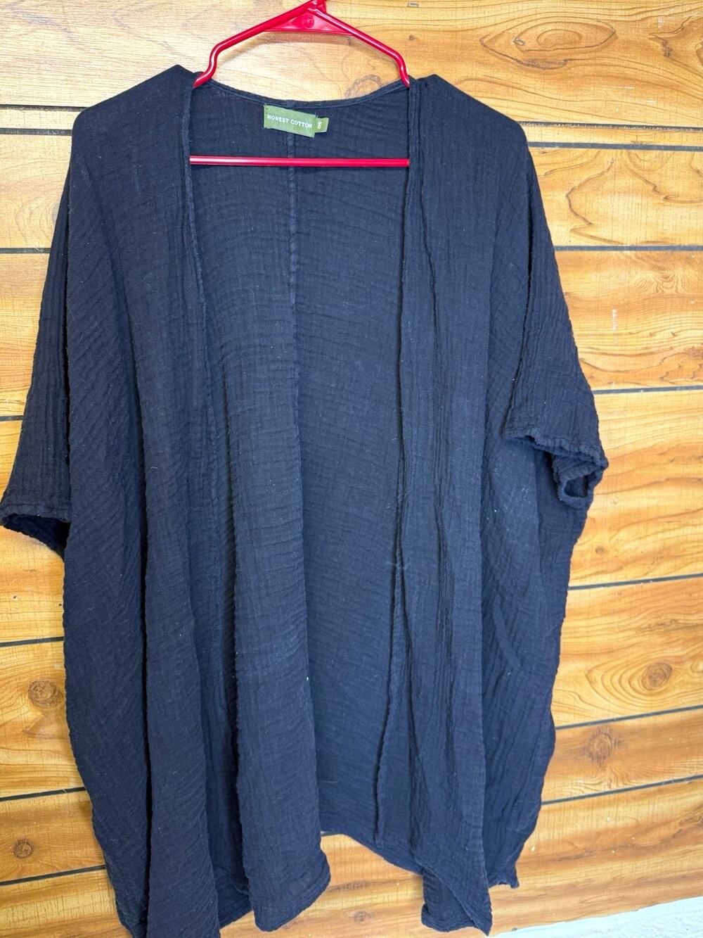Honest Cotton Women’s Black Open Front Lightweight Cotton Kimono Cardigan Sz OS